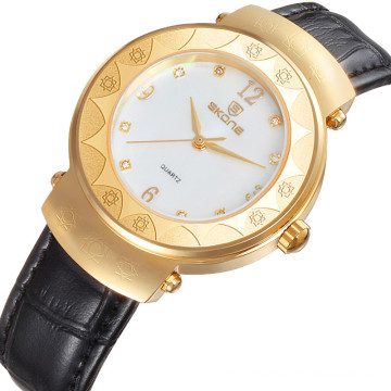 SKONE 9352 luxury ladies genuine leather strap ip gold watch